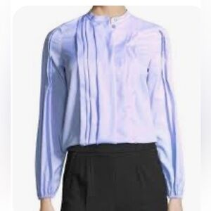 Escada Light Blue Mandarin collar pleated button down Blouse